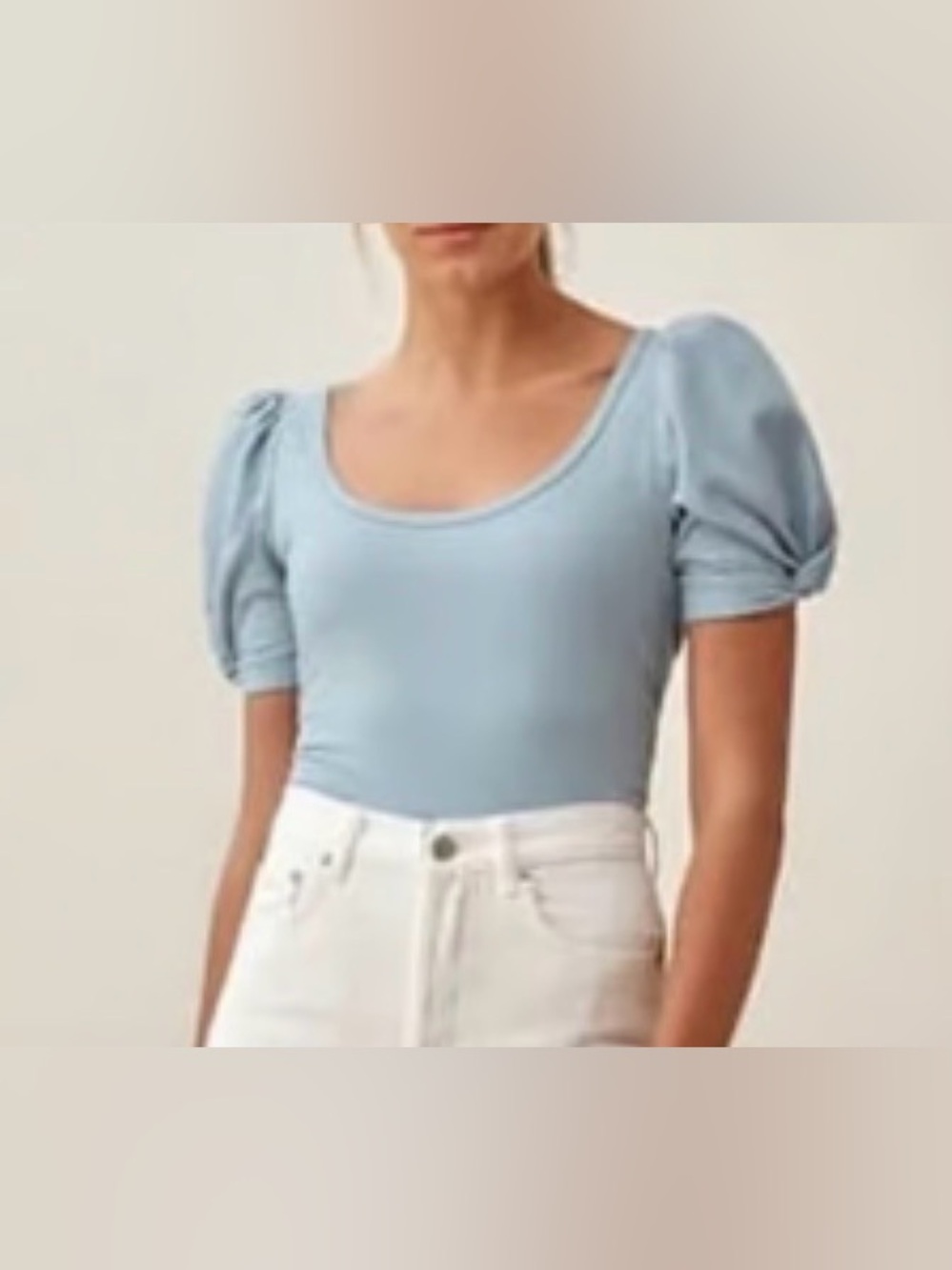 REFORMATION Women’s FRANCES CREW SCOOP NECK PUFFED SLEEVE TOP MINERAL BLUE Small